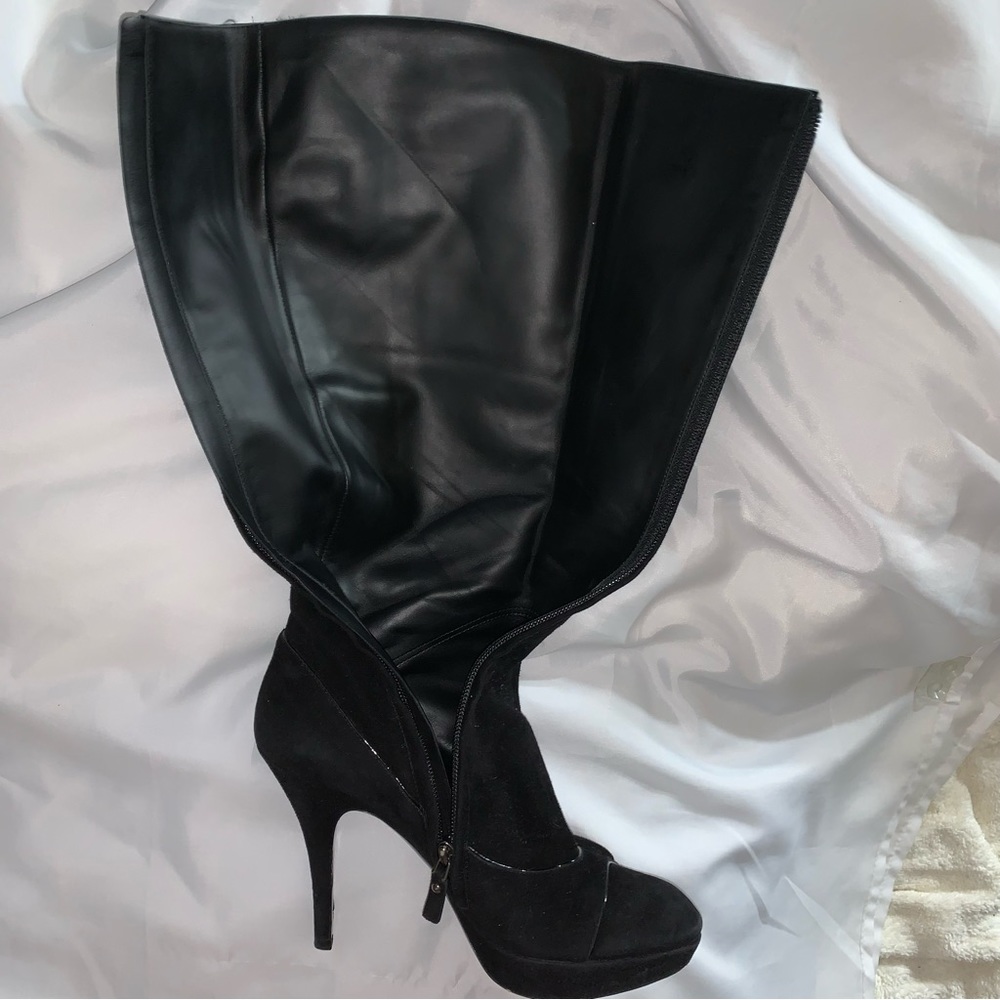 LOUIS VUITTON size 37.5 black SUEDE platform stilleto BOOTS w/patent leather - Picture 7 of 12